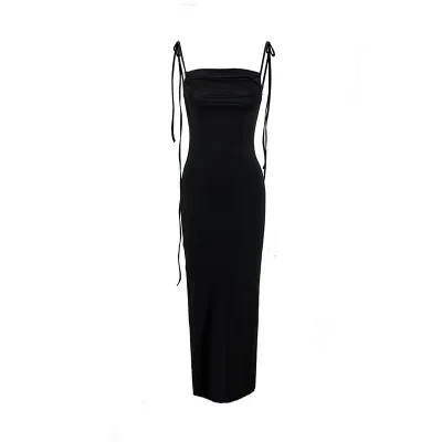 Women Sexy Solid Strap Backless Maxi Dress