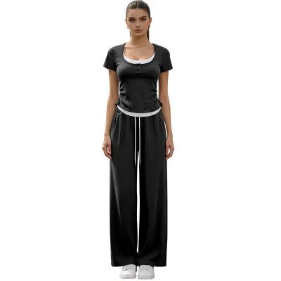 Women Casual Solid Short-Sleeved Top And Wide-Leg Two-Piece Set