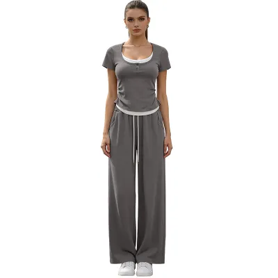 Women Casual Solid Short-Sleeved Top And Wide-Leg Two-Piece Set