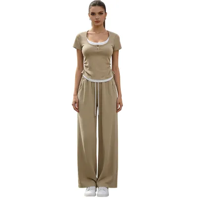 Women Casual Solid Short-Sleeved Top And Wide-Leg Two-Piece Set