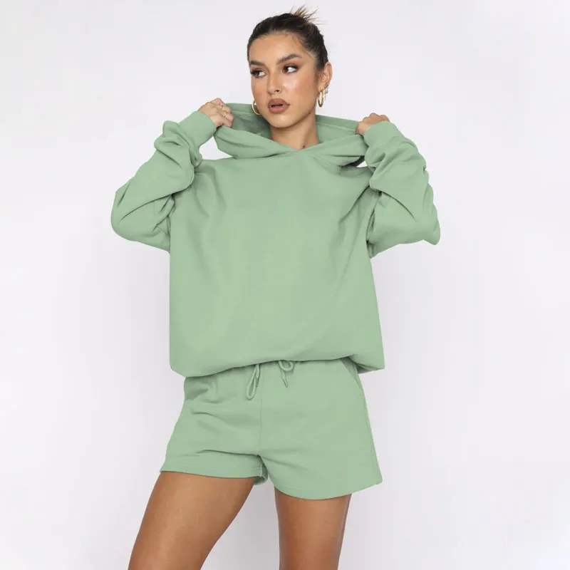 Fall Athleisure Women Casual Solid Color Hoodie And Shorts Two-Piece Set