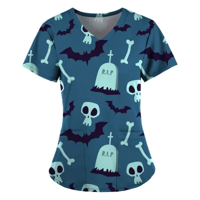 Halloween Women Fashion Cartoon Printed V-Neck Short Sleeve T-Shirt