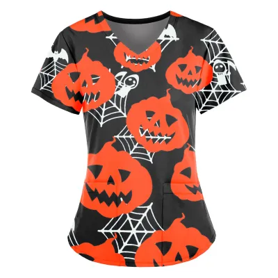 Halloween Women Fashion Cartoon Printed V-Neck Short Sleeve T-Shirt