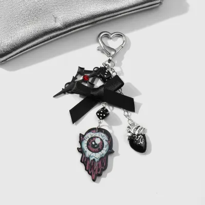Halloween Gothic Silver Skull Cross Samurai Sword Devil'S Eye Bow Keychain