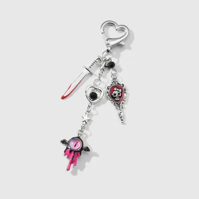 Halloween Gothic Silver Skull Cross Samurai Sword Devil'S Eye Bow Keychain