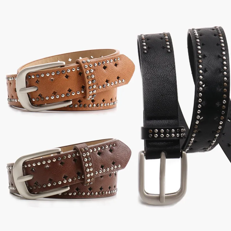 Women Fashion Punk Double Row Rivet Design Belt