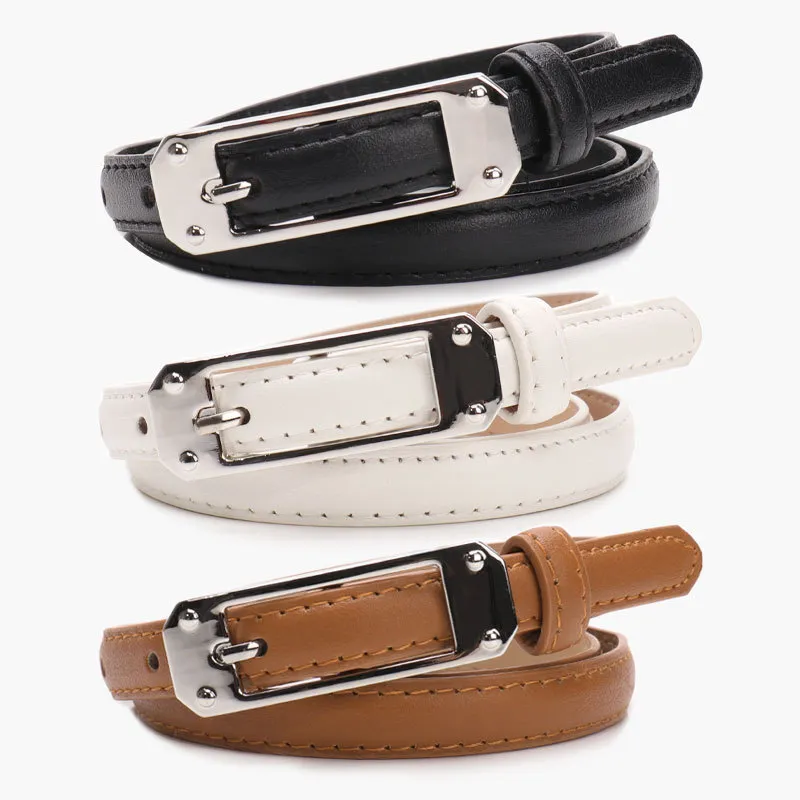Women Fashion Retro Solid Color Thin Alloy Buckle Belt