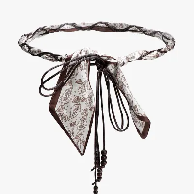 Women Fashion Casual Boho Cashew Flower Silk Scarf Woven Belt