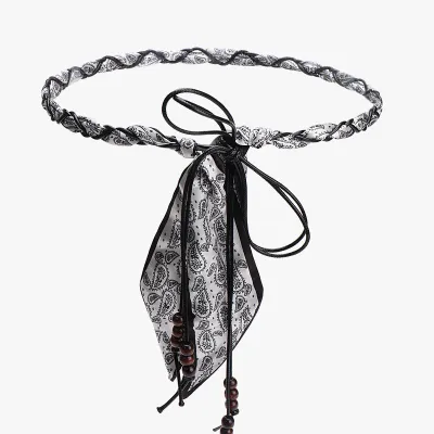Women Fashion Casual Boho Cashew Flower Silk Scarf Woven Belt