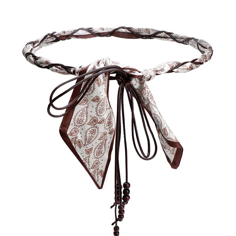 Women Fashion Casual Boho Cashew Flower Silk Scarf Woven Belt
