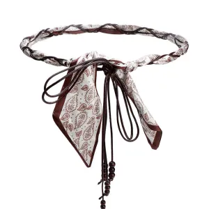 Women Fashion Casual Boho Cashew Flower Silk Scarf Woven Belt