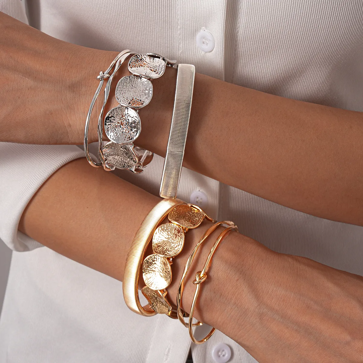 Women Fashion Metallic Irregular Geometric Round Open Bracelet 4pcs/Set