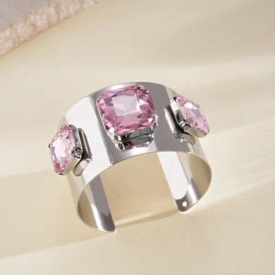 Women Fashion Exaggerated Metal Style Rhinestone Square Open Bracelet