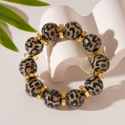 Women Fashion Retro Leopard Acrylic Beaded Elastic Bracelet