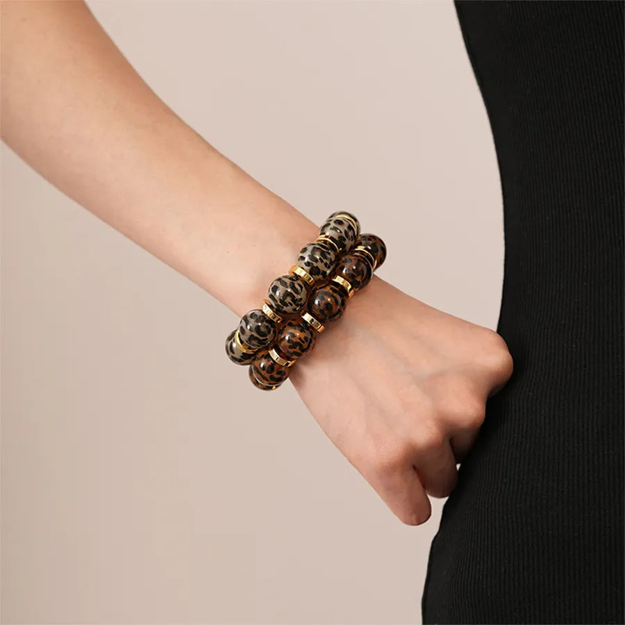 Women Fashion Retro Leopard Acrylic Beaded Elastic Bracelet
