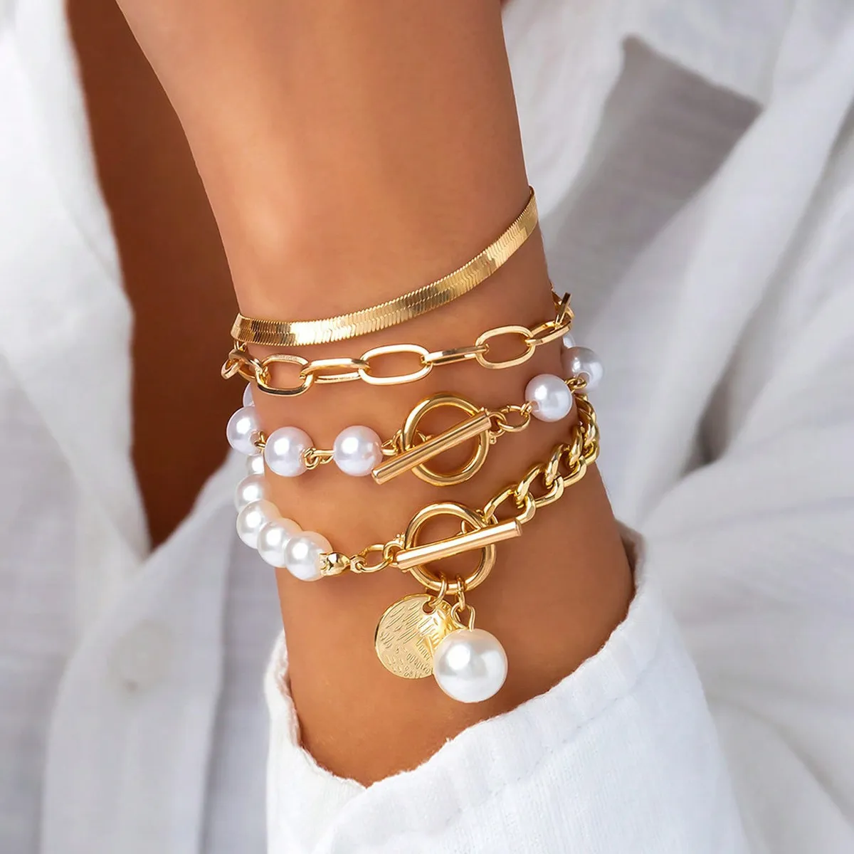 Women Fashion Imitation Pearl Multi-Layer Bracelet Set