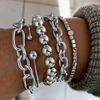 Women Fashion Exaggerated Thick Chain Ccb Round Bead Bracelet Five-Piece Set