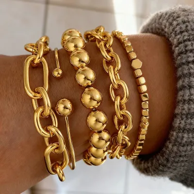 Women Fashion Exaggerated Thick Chain Ccb Round Bead Bracelet Five-Piece Set