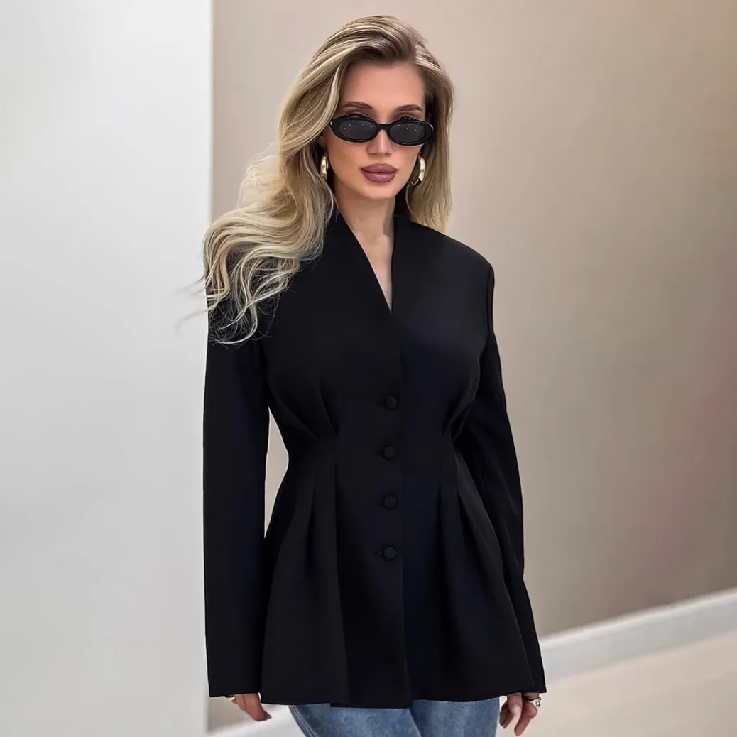 Women Fashion Casual Autumn Solid Color V-Neck Long-Sleeve Waist Single-Breasted Pleated Blazer