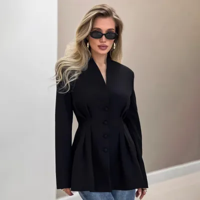 Women Fashion Casual Autumn Solid Color V-Neck Long-Sleeve Waist Single-Breasted Pleated Blazer