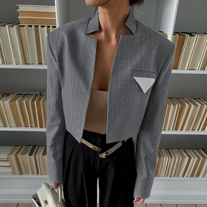 Women Fashion Autumn Grey Stripe Vertical Collar Long Sleeve Short Blazer