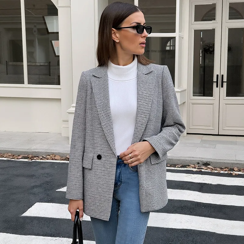 Women Fashion Casual Autumn Houndstooth Lapel Long-Sleeve Blazer
