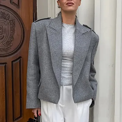 Women Fashion Casual Autumn And Winter Solid Color Woolen Lapel Long-Sleeve Short Blazer