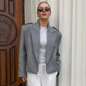 Women Fashion Casual Autumn And Winter Solid Color Woolen Lapel Long-Sleeve Short Blazer
