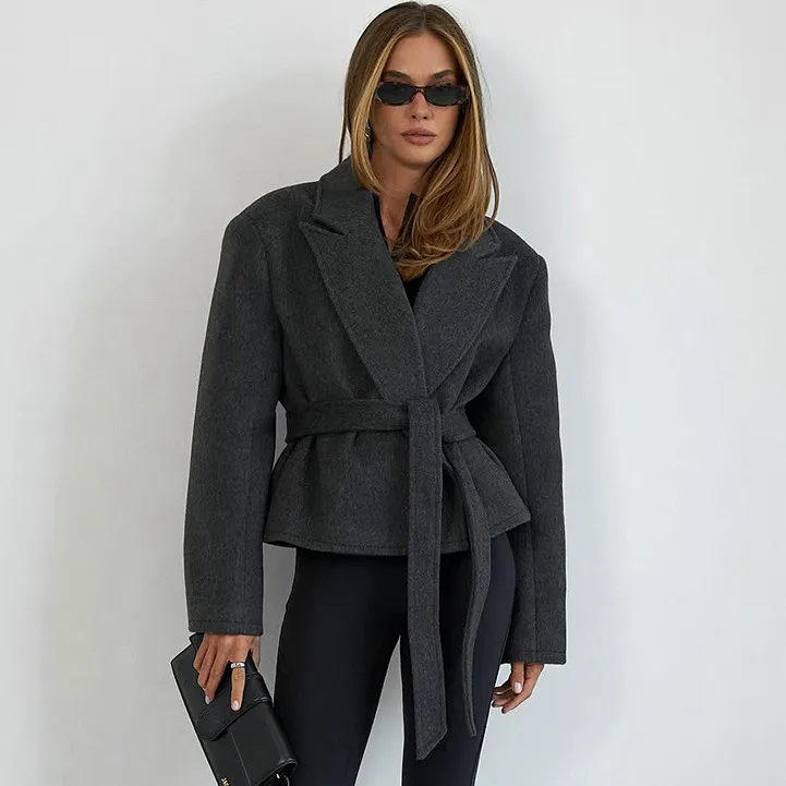 Women Fashion Autumn And Winter Solid Color Warm Lapel Long-Sleeve Lace-Up Blazer