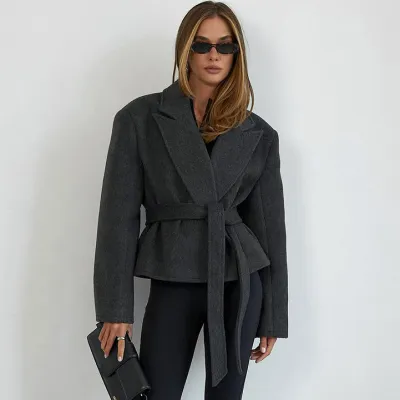 Women Fashion Autumn And Winter Solid Color Warm Lapel Long-Sleeve Lace-Up Blazer