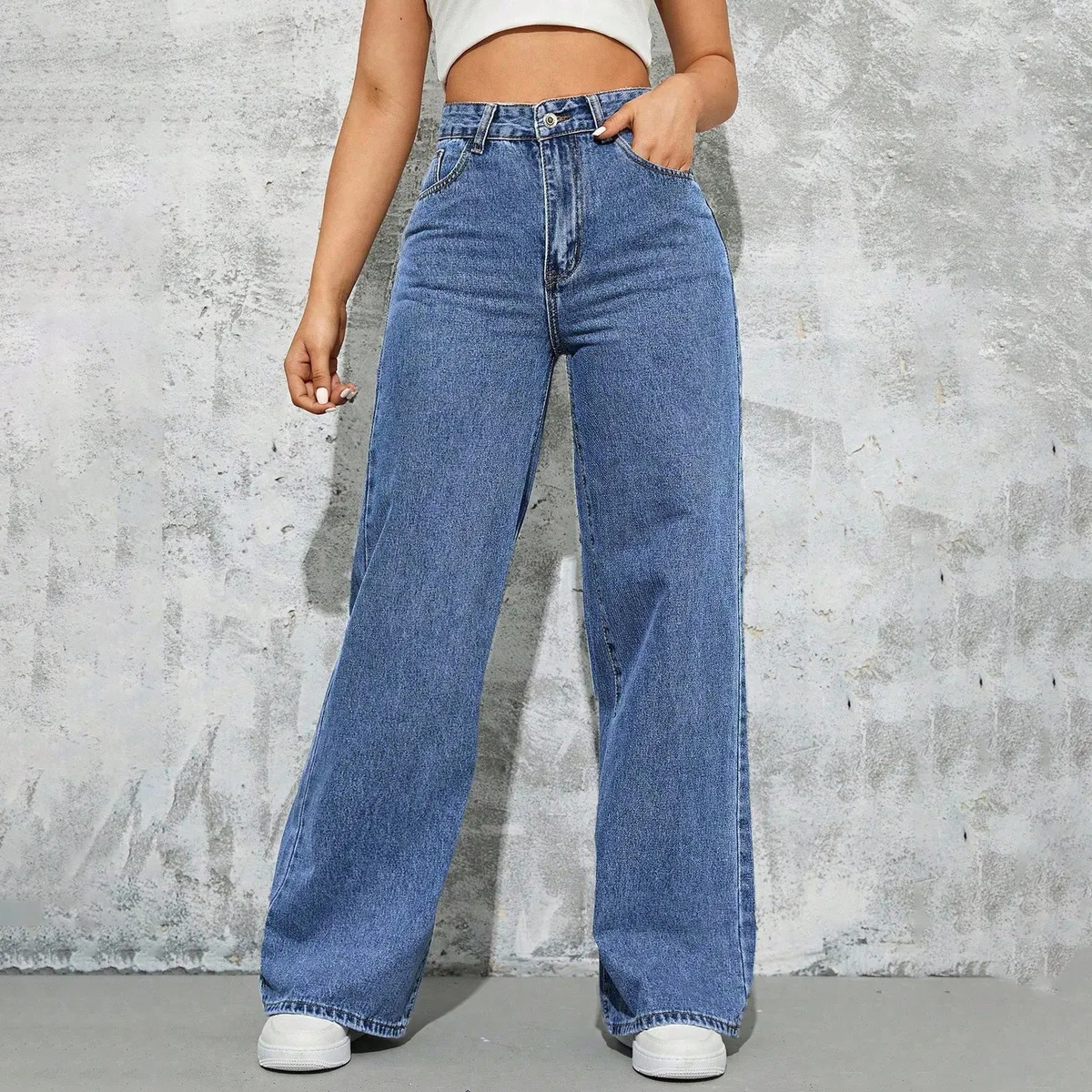Women Fashion Casual Loose Straight Wide Leg Jeans