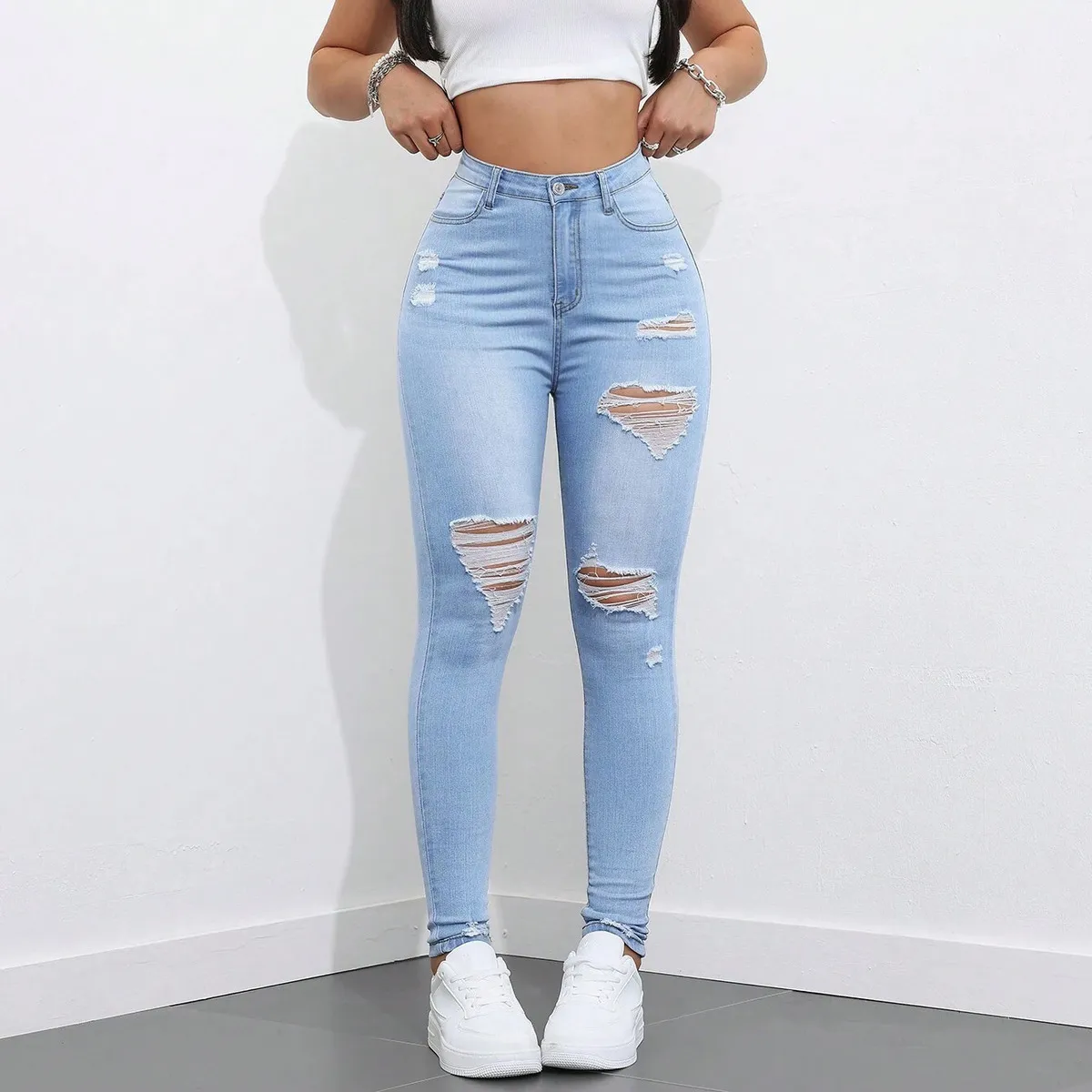 Women Fashion Casual Ripped Skinny Jeans