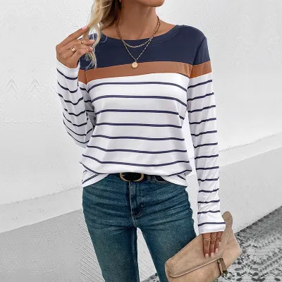 Women Fashion Casual Spring And Autumn Stripe Long-Sleeve T-Shirt