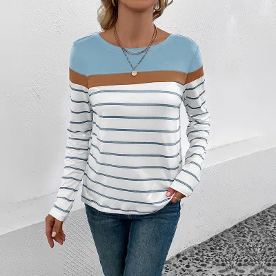 Women Fashion Casual Spring And Autumn Stripe Long-Sleeve T-Shirt