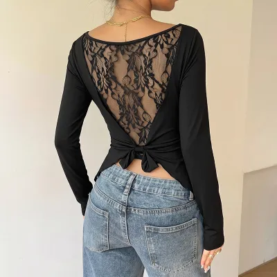 Women Fashion Casual Autume Solid Color Round Neck Long-Sleeve Backless Lace T-Shirt