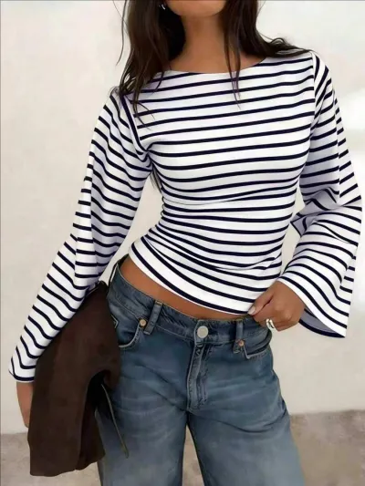 Women Fashion Casual Autumn Stripe Trumpet Sleeves Slim-Fit T-Shirt
