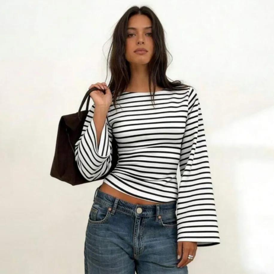 Women Fashion Casual Autumn Stripe Trumpet Sleeves Slim-Fit T-Shirt