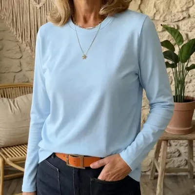 Women Fashion Casual Simple Autumn Solid Color Round Neck Long Sleeve T-Shirt