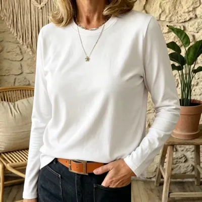 Women Fashion Casual Simple Autumn Solid Color Round Neck Long Sleeve T-Shirt