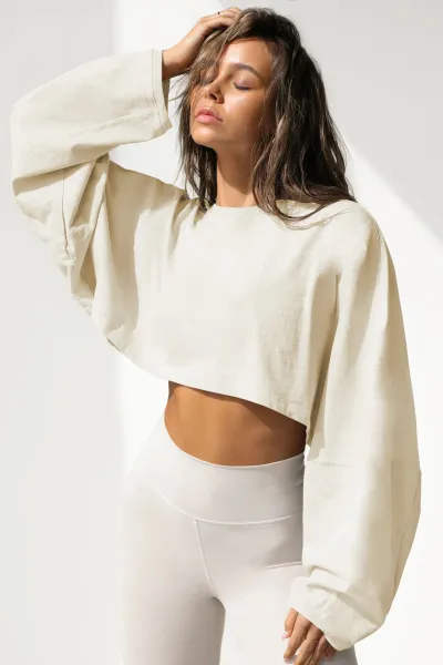 Women Fashion Casual Autumn Solid Color Round-Neck Long Sleeve Crop Top T-Shirt