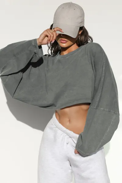 Women Fashion Casual Autumn Solid Color Round-Neck Long Sleeve Crop Top T-Shirt