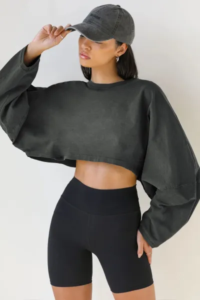 Women Fashion Casual Autumn Solid Color Round-Neck Long Sleeve Crop Top T-Shirt