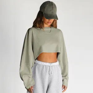 Women Fashion Casual Autumn Solid Color Round-Neck Long Sleeve Crop Top T-Shirt