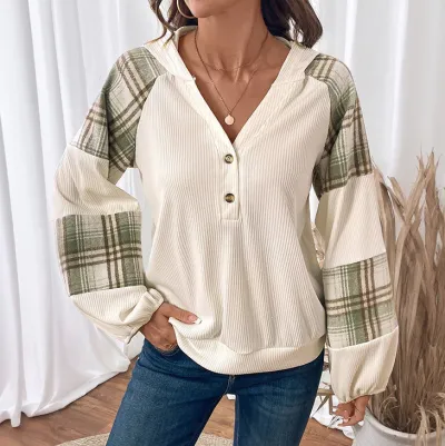 Women Fashion Casual Autumn Pattern Stitching V-Neck Long-Sleeve Hoodies