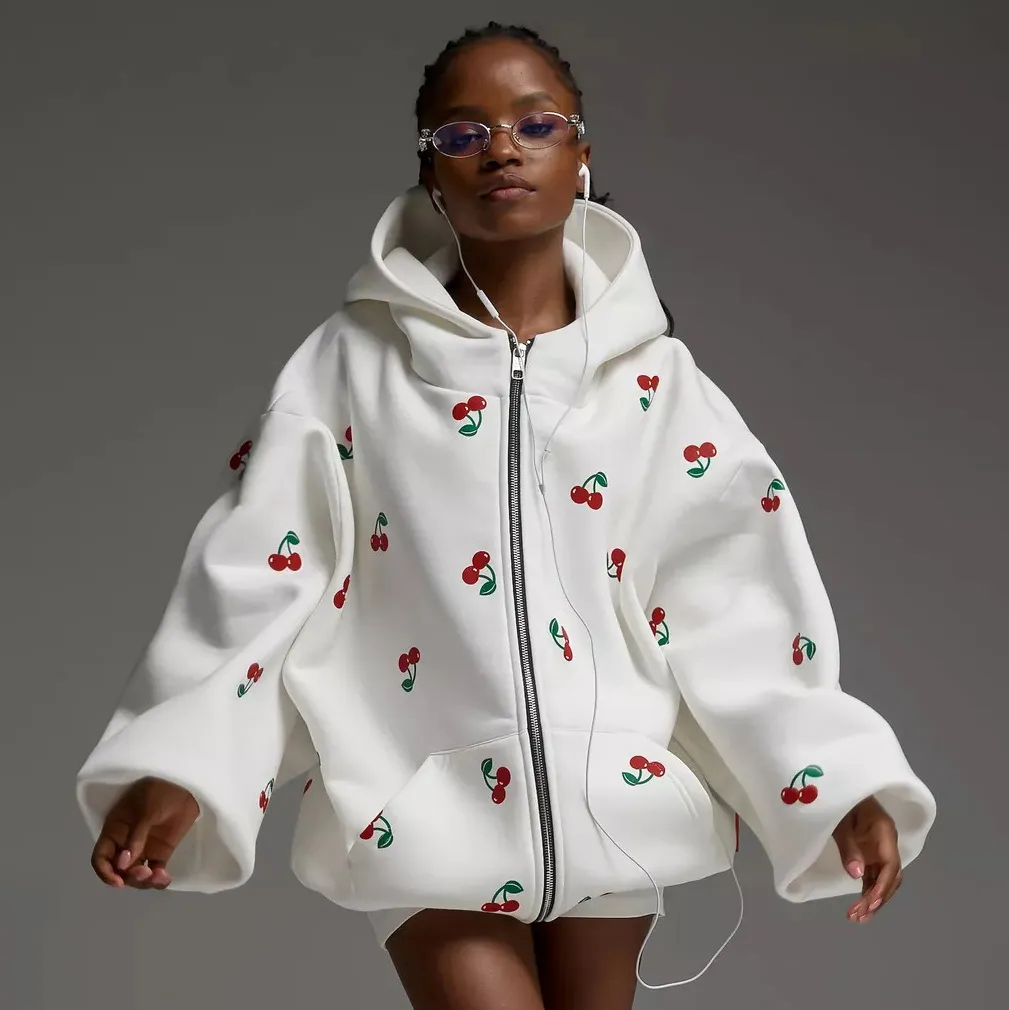 Women Fashion Casual Autumn Cherry Printed Long-Sleeve Zipper Loose Hoodies