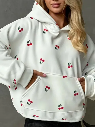 Women Fashion Casual Autumn Cherry Printed Long-Sleeve Loose Hoodies