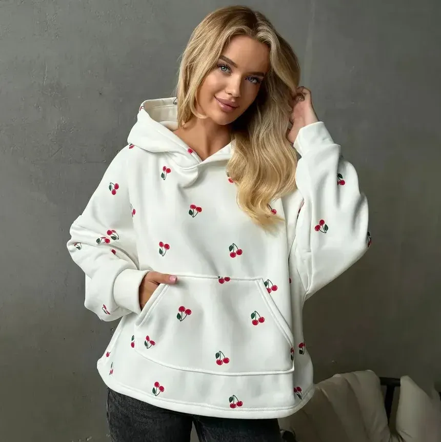 Women Fashion Casual Autumn Cherry Printed Long-Sleeve Loose Hoodies