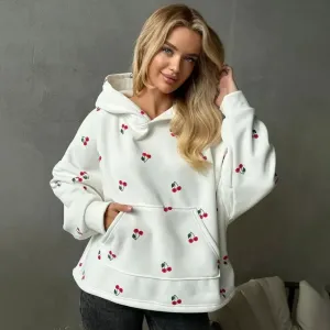 Women Fashion Casual Autumn Cherry Printed Long-Sleeve Loose Hoodies