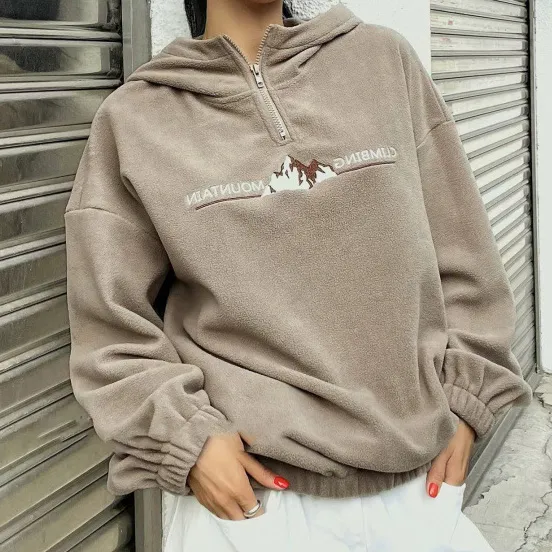 Women Fashion Casual Autumn Solid Color Embroidered Fleece Zipper Long-Sleeve Hoodies