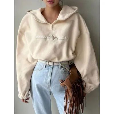 Women Fashion Casual Autumn Solid Color Embroidered Fleece Zipper Long-Sleeve Hoodies